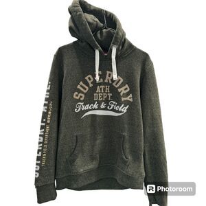 Superdry Track and Field Pullover Hoodie Army Green Metallic Print Warm Wear